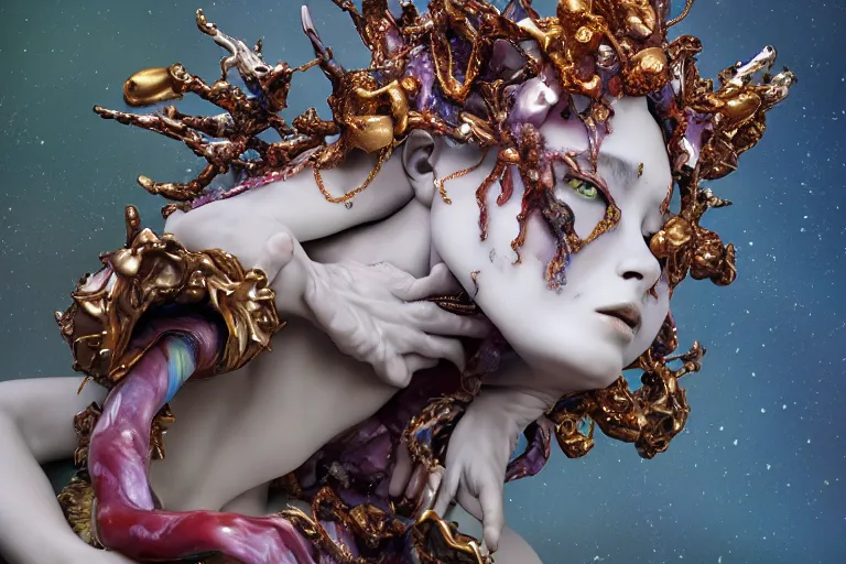 Image similar to Cinestill of A heartbreaking realistic 8k Bernini Sculpture of a stunning intricate cracked multicolored milky cosmic marble Evangelion Fallen Angel Devil Queen adorned in sentient mycelium mystical jewelry and ancient Empress crown and misty xparticles. by Yoshitaka Amano, Daytoner, Greg Tocchini, Scattered golden flakes, Hyperrealism. Subsurface scattering. Octane Render. Weirdcore, perfect face