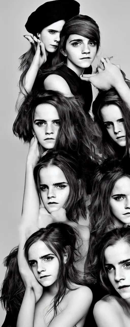 Image similar to Emma Watson and her twin sisters closeup face with pouting lips, shoulders, very long hair hair wearing an oversized Beret, wearing a mandelbrot fractal biomechanical sculpture mask, elegant Vogue fashion shoot by Peter Lindbergh fashion poses detailed professional studio lighting dramatic shadows professional photograph by Cecil Beaton, Lee Miller, Irving Penn, David Bailey, Corinne Day, Patrick Demarchelier, Nick Knight, Herb Ritts, Mario Testino, Tim Walker, Bruce Weber, Edward Steichen, Albert Watson