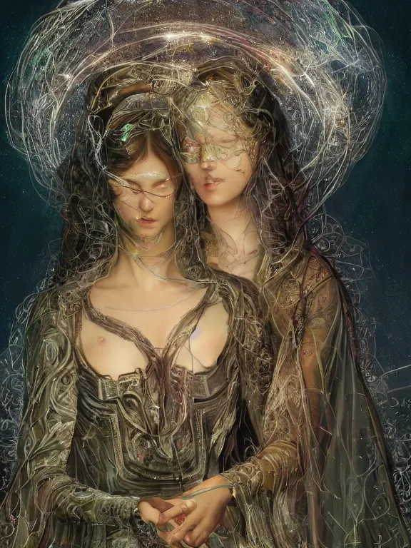 Prompt: a complex concept art ultra detailed of two veiled perfect female face android queens kneel and pray with lots of electric cable behind them connected to giant computer,bowknot, fine lace, GUCCI, sparkling, jewel embellishment, film lighting, by shibashake,Cedric Peyravernay,marie spartali Stillman,William Morris,Dan Mumford, trending on atrstation, full of color, mythological, high detailed,golden ratio,cinematic lighting