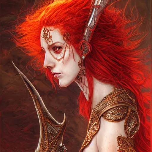 Image similar to portrait of a stunningly beautiful armoured red headed ifrit genie - kin paladin, female, close up, fantasy, intricate, elegant, highly detailed, digital painting, artstation, concept art, sharp focus, illustration, art by luis royo, wayne barlowe, kirsi salonen, asya yoranova and alan lee