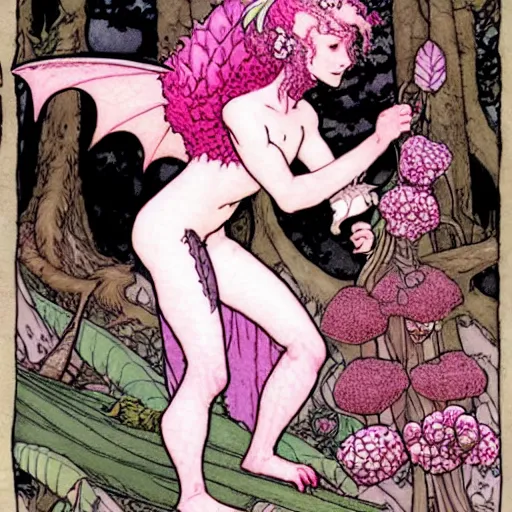 Prompt: A cute pink-scaled dragon-girl Herbalist collecting flowers in the forest. Absurdly-detailed fantasy character illustration by Rebecca Guay and Wayne Reynolds