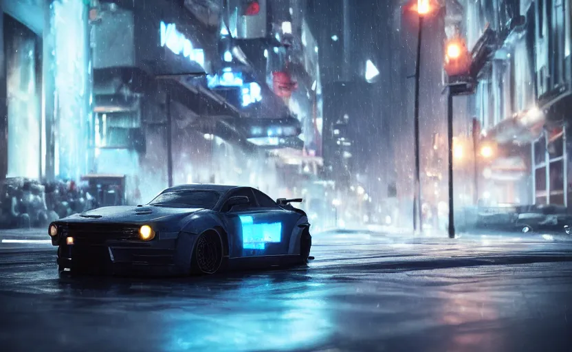 Prompt: One sport vehicle in the streets at night whit blue headlights on by Khyzyl Saleem , night time, stormy wheater, atmospheric, artstaion, concept art, sharp focus, high detail, octane render, cyberpunk