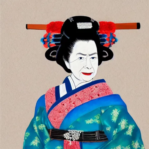 Image similar to a beautiful painting of old queen elizabeth ii dressed as japanese samurai with katana, realistic, portrait, full body, hd, 8 k, 4 k,