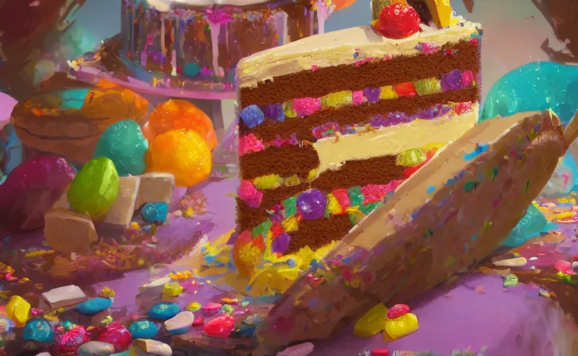 Image similar to a colorful digital painting of a cake with lots of sweets on it, by greg rutkowski and james gurney, sharp details, 8 k, highly detailed, matte background, trending on artstation