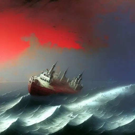 Image similar to bloody ocean, rusted iron ship sinking in red blood ocean, by Ivan Aivazovsky, junji ito, hd 8k