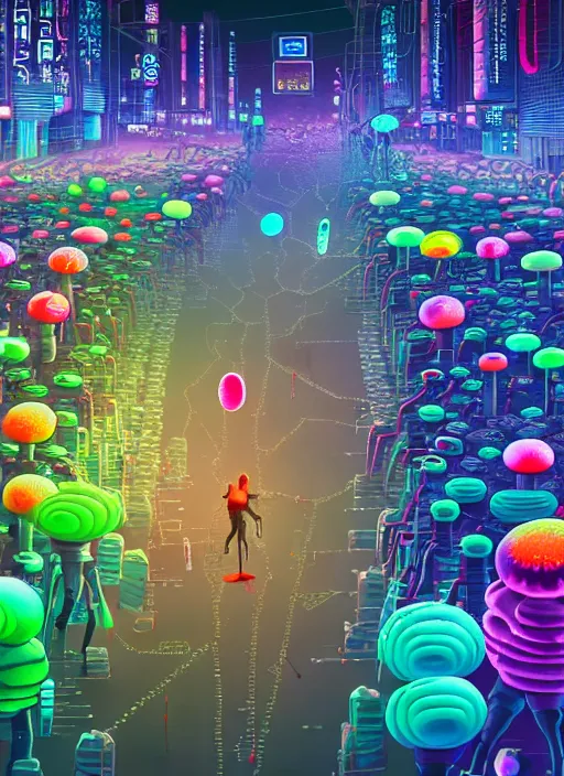 Image similar to giant colorful bright microbe and virus and dna and bacteriophage eat people in streets, neo - tokyo, realistic, 8 k, ultra detailed