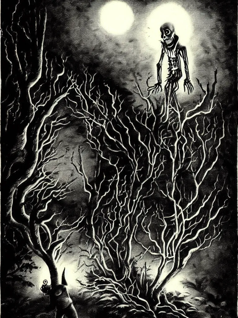 Prompt: Vintage Horror Illustration of a Creature Coming out of the bushes at night. Glowing , Spooky lighting , Pinterest