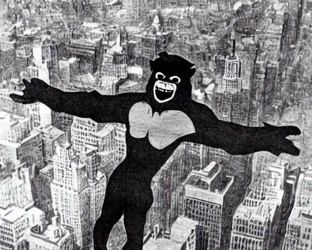 Image similar to anime king kong climbing the empire state building with bi-planes flying around him