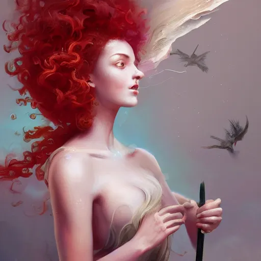 Image similar to a painting of a woman who made of curly silk with red edges is holding a sword, a digital painting by peter mohrbacher, trending on artstation, metaphysical painting, speedpainting, made of feathers, digital painting, holographic undertones, highly saturated colors, 4 k, digital art, concept art, trending on artstation