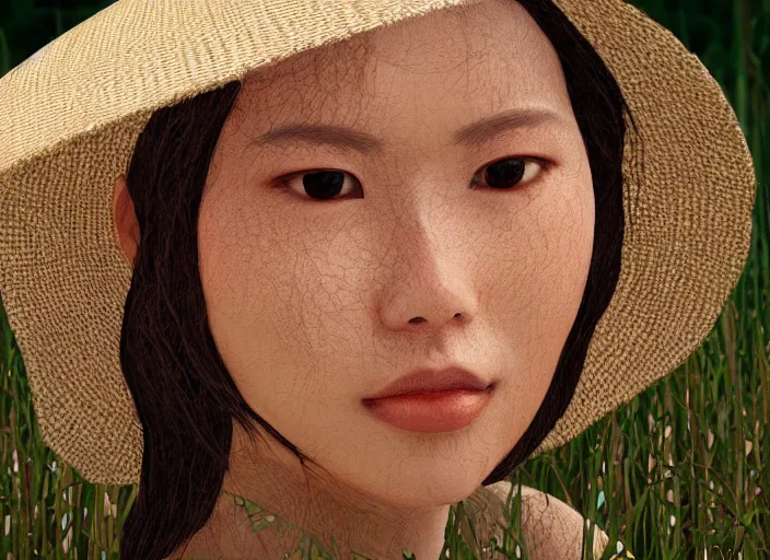 Prompt: realistic portrait photorealistic, background in the rice fields. woman in clothes made of rice straw. fine art, trending on artstation, smooth draw, sharp focus, good lighting, no anomalies.