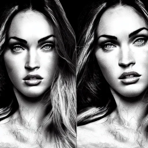 Image similar to double - exposure effect of megan fox face as beautiful mountains, in the style of dan mountford, amazing detail, black and white