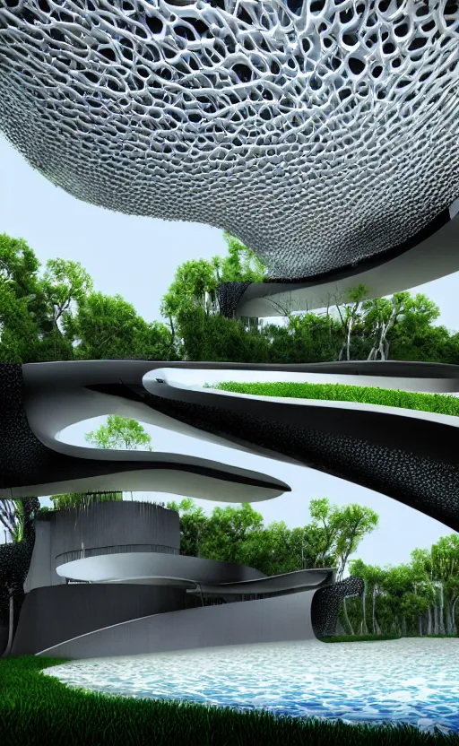 Prompt: villa parametric rhizomorph architecture fluid design, vincent callebaut well - defined style, ultra detailed, monochromatic, natural lighting, volumetric lighting, generative art nebula, cinematic, photo realistic, hyper real, surreal design, flow everywhere, walls made of crystal clear water, droplets on the walls, black metal, magnesium, 8 k,