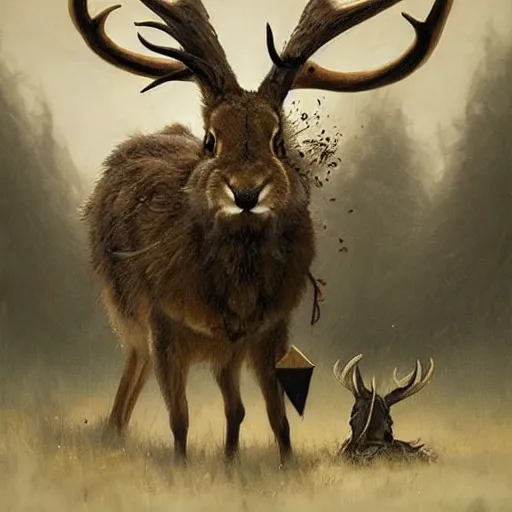 Image similar to a jackalope, jackrabbit with the antlers of a deer bigger than a building. Menacing. Soulless eyes. Monster. Eldritch. By Greg Rutkowski. By Marc Simonetti. C. M. Kosemen. Masterpiece. Award winning artwork. Cgsociety