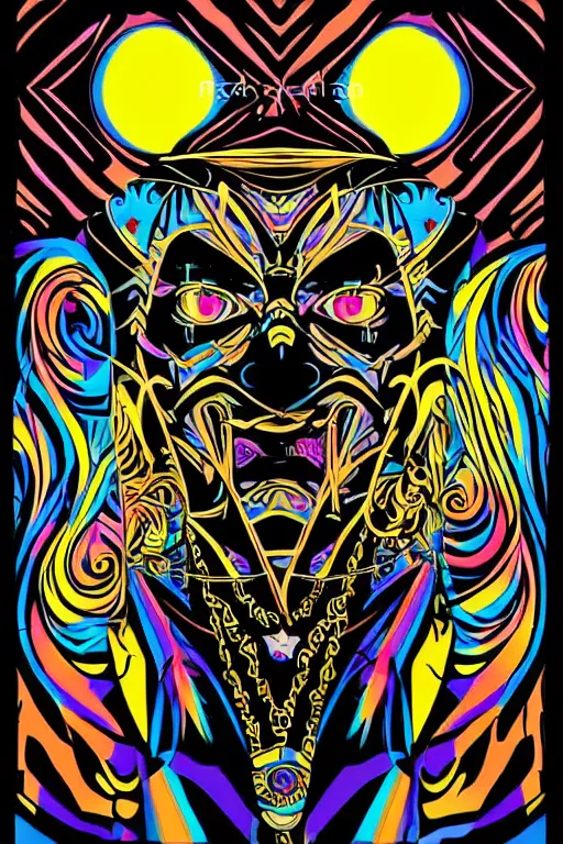 Prompt: minimalist boho style art of colorfull psychedelic jester shaman, stars wars mini battle in eyes, we are all one cosmic oversoul, illustration, vector art