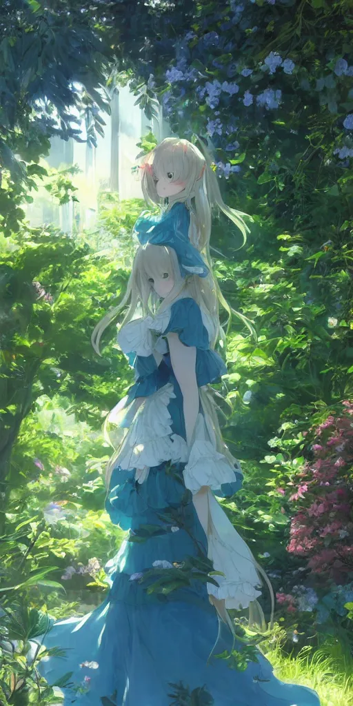 Image similar to a digital art full of atmosphere of a loli with long hair in a dress in the privet garden at after noon, green and warm theme, blue accents, back lighting, highly detailed, 4 k resolution, trending on art station, by krenz cushart and mucha and akihito yoshida and greg rutkowski and makoto shinkai