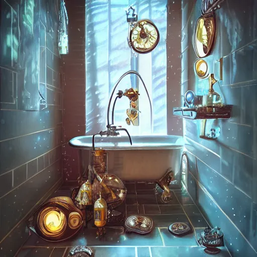 Image similar to steampunk bright tiny bathroom in the warm morning light, soap, bubbles, small perfumes, beautifully lit, painting, high resolution, trending on artstation