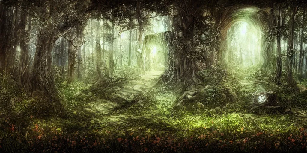 Image similar to digital drawing of a close shot to a mysterious relic in the middle of the forest, fantasy, fantastic, wallpaper, art station