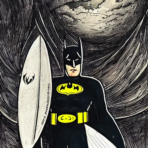 Image similar to batman surfing across the infinite cosmos, surfboard, grand scale, painting by h. g. giger