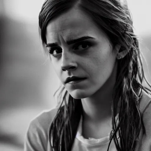 Image similar to concerned and tired emma watson in the ruins of civilization after the apocalypse, shredded and ruined dirty clothes, hd photo, high detail, shallow depth of field, face focus