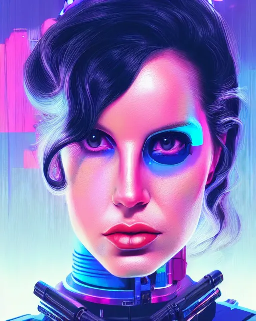 Image similar to portrait of lana del rey as a cyborg. realist abstract. key art. cyberpunk, blue and pink, intricate artwork. clear face, art by tooth wu, wlop, beeple, dan mumford. 8 k octane render, trending on artstation, greg rutkowski very coherent symmetrical artwork. cinematic, hyperrealism, very detailed, iridescent accents