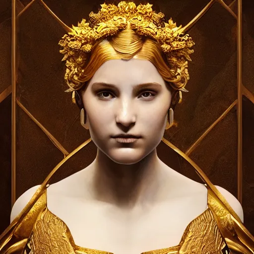 Prompt: portrait of Ava from Ex Machina as a greek goddess, marble statue, greek mythology, gold crown and filaments, intricate, headshot, highly detailed, digital painting, artstation, concept art, sharp focus, cinematic lighting, illustration, art by artgerm and greg rutkowski, alphonse mucha, cgsociety