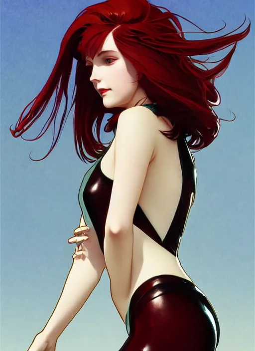 Image similar to pretty young woman with shoulder length shiny shimmering dark red hair and wearing leather high - tech suit, path traced, highly detailed, high quality, digital painting, by studio ghibli and alphonse mucha, leesha hannigan, makoto shinkai, disney