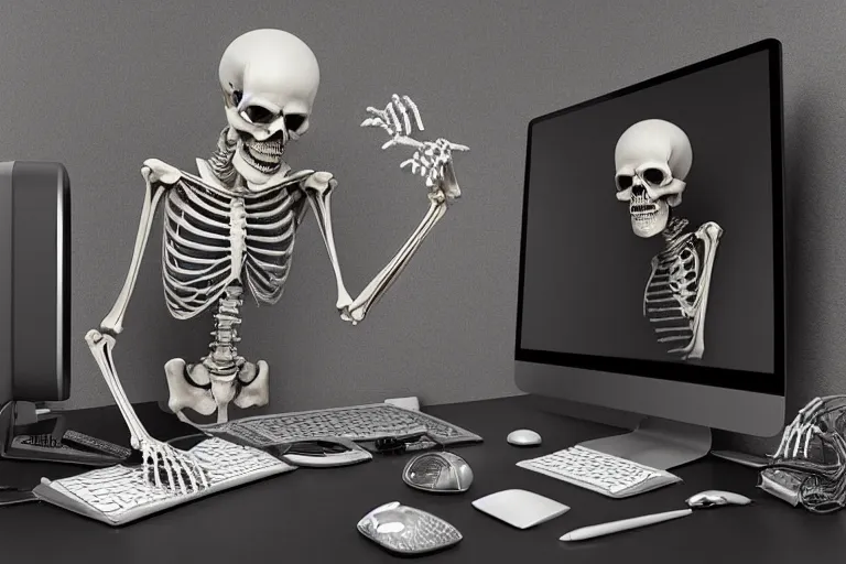 Image similar to human skeleton behind computer, dark atmosphere, fanstasy, digital art, very realistic, trending on artsstation, very detailed