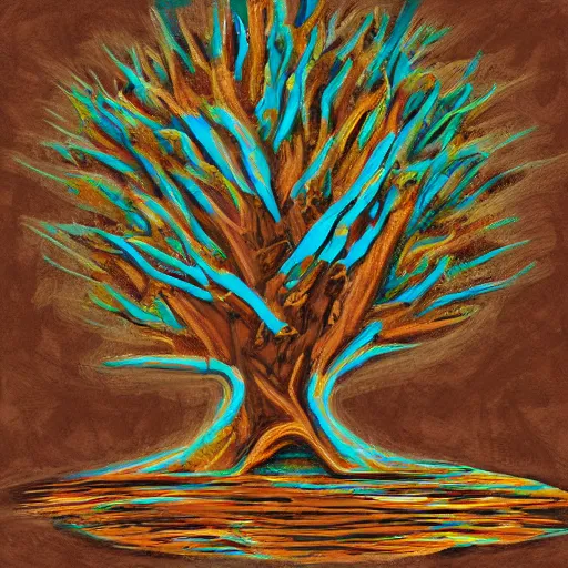 Image similar to dusty bipedal dark rapids fractal haddock wood teak tree chocolate, by eleanor vere boyle and jackson pollock and tom thomson, tiki, cubist, speedpainting