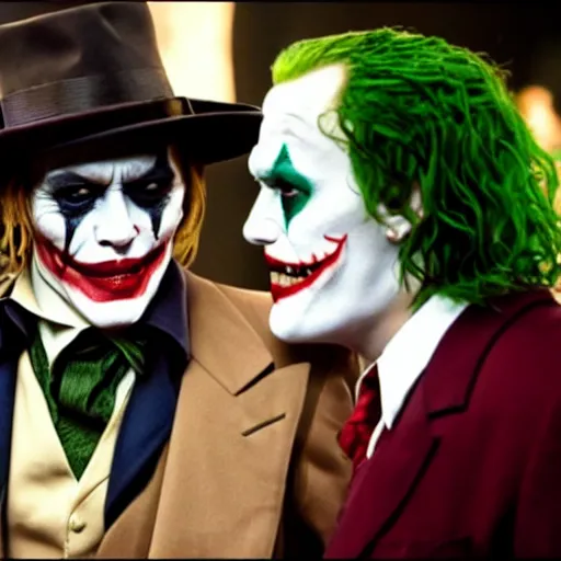 Image similar to A still of Johnny Depp talking with The Joker on a premiere, 4k, highly detailed, photograph, photoreal, professional lighting, promo shoot, award winning