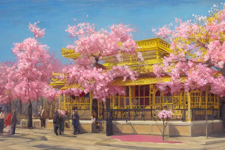 Prompt: painting of a yellow waffle house front view, rococo style, greek architecture, pink marble building, sakura trees, sakura season dynamic lighting, landscape, artwork by jeremy lipkin and giuseppe dangelico pino and michael garmash and rob rey and greg manchess and huang guangjian and makoto shinkai, pixiv, 1 0 0 mm