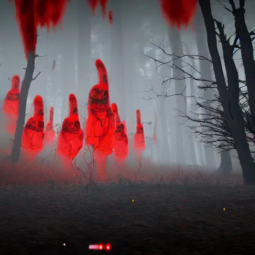 Prompt: a terrifying environment with red ghosts in it