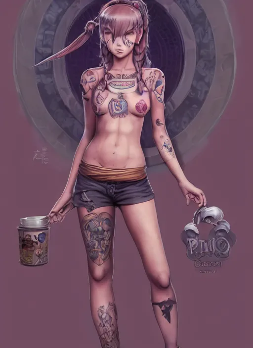 Image similar to character portrait of a female anthropmophic pig with a pigtail. She has a cute beautiful attractive detailed pig snout face wearing a tanktop and slacks standing outside a city tattoo parlor with arm tattoos. Character design by charlie bowater, ross tran, artgerm, and makoto shinkai, detailed, inked, western comic book art