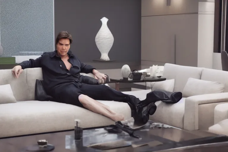 Image similar to a cinematic still from oprah couch, (tom cruise!!!!!), tomcruise!!!, ((octane render, nvidia raytracing demo))