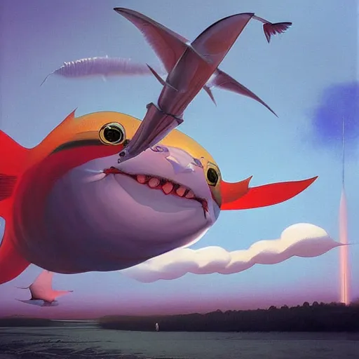 Image similar to Giant catfish fly through the air, as a tornado approaches, by Takashi Murakami, Edward Hopper, Bo Bartlett, and Cynthia Sheppard, Artstation