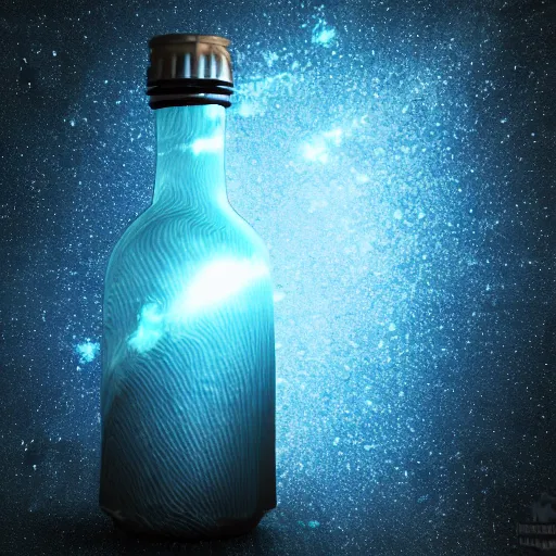 Prompt: a blue sprial galaxy trapped in a glass bottle, unrealengine , dark background