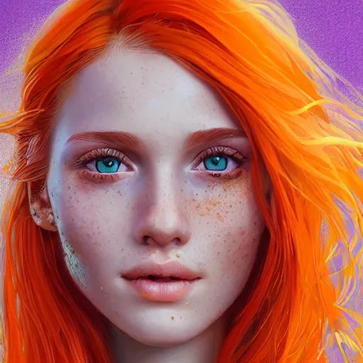 Image similar to close up portrait of a beautiful smiling girl with orange hair and freckles, green eyes, happy intricate, elegant. highly detailed, digital painting, artstation, concept art, smooth, sharp, focus, illustration. background is purple, art by artgerm and Ross Tran