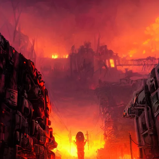 Image similar to apocalyptic futuristic world, sunset, skeletons rising from the ground, colorful sky, distant burning fires, skeleton walking around, destroyed buildings, street view, concept art, fantasy, illustration, 8 k, high detail, artstation award