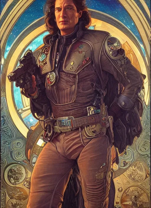 Image similar to Nathon Fillion as a ruggedly handsome space cowboy, intricate, elegant, highly detailed, centered, digital painting, artstation, concept art, smooth, sharp focus, illustration, art by artgerm and donato giancola and alphonse mucha