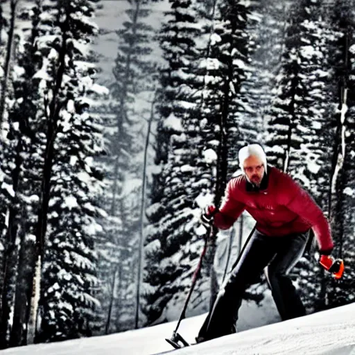 Image similar to jason statham skiing, angry, full body shot, cinematic lighting, studio quality