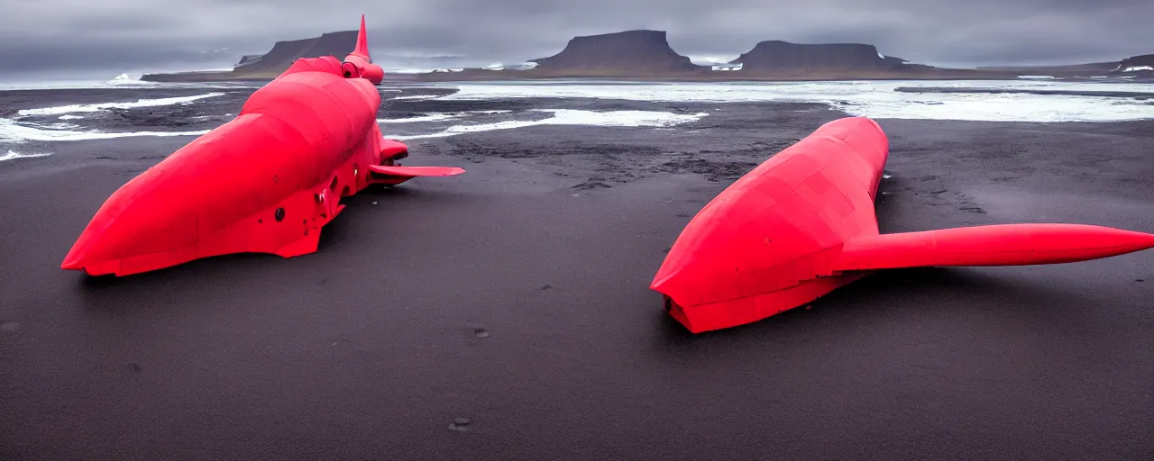 Prompt: cinematic shot of giant symmetrical red military spacecraft landing on an endless black sand beach in iceland with icebergs in the distance, 2 8 mm, shockwave