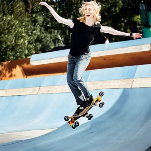 Image similar to cate blanchett skateboarding on a half pipe. photojournalism, wide angle lens, extremely detailed face, studio lighting