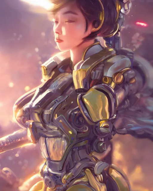 Image similar to holy cyborg girl with golden armor, elegant, scifi, jetpack, alien world, futuristic, utopia, garden, colorful, lee ji - eun, illustration, atmosphere, top lighting, blue eyes, focused, artstation, highly detailed, art by yuhong ding and chengwei pan and serafleur and ina wong