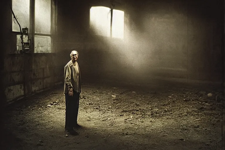 Image similar to a cinematic!! headshot photograph!! of a male, stood in a factory, dirt, film still, cinematic lighting, by bill henson, jeremy mann