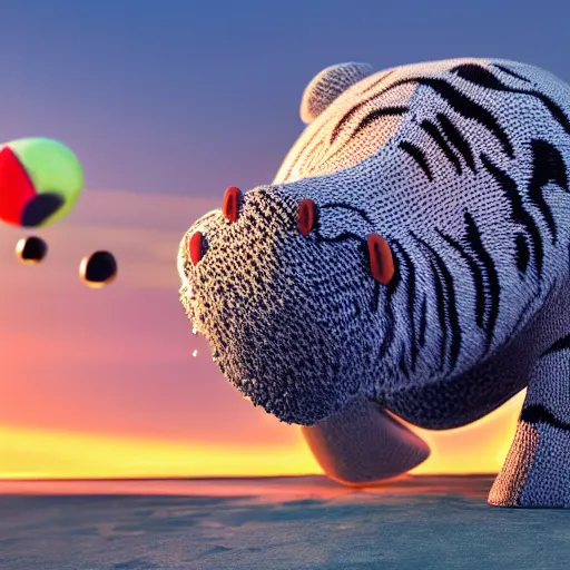 Image similar to a closeup photorealistic photograph of a cute smiling knitted tiger hippopotamus chasing a beachball at sunset. surf in the background. professional capture. this 4 k hd image is trending on artstation, featured on behance, well - rendered, extra crisp, features intricate detail, epic composition and the style of unreal engine.