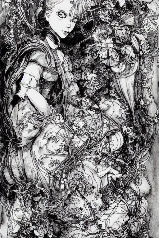 Prompt: portrait Alice in wonderland tarot card , pen and ink, intricate line drawings, by Yoshitaka Amano, Ruan Jia, Kentaro Miura, Artgerm, watercolor