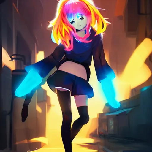 Image similar to Splash art Anime loli, blond hair with pigtails, blue coat, and black shorts, she flies by using blue neon powers through the city. Cinematic sunset, faint orange light. Amazing piece Trending on Artstation