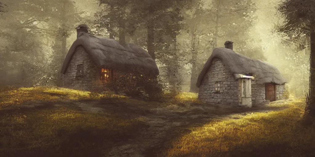 Image similar to a painting of a close up of a single cottage with a thached roof in the woods and empty woods, 8k, fantasy, hyper realistic, dramatic lighting, cinematic