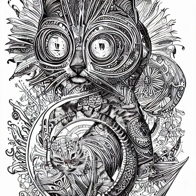 Image similar to tattoo sketch of a cat hugging the sun, on a canva, polynesian style, ornamental, line art, vector, industrial sci - fi, by mandy jurgens, ernst haeckel, james jean