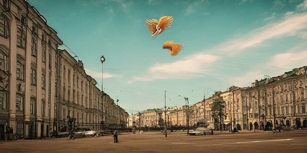 Image similar to cinematic street shot of a flying laputa city, saint petersburg, telephoto, anamorphic cinematography, beautiful composition, color theory, leading lines, photorealistic, moody volumetric lighting