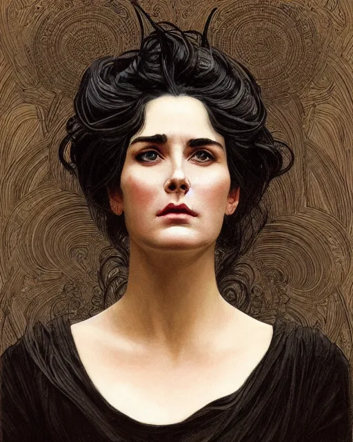 Prompt: portrait of a tall 4 0 - year - old woman with thin lips, long, lush black hair gathered on the head bun, and thick eyebrows, wearing in black clothes, aristocratic appearance, hyper realistic face, beautiful eyes, close up, fantasy art, in the style of greg rutkowski, intricate, alphonse mucha, hyper detailed, smooth